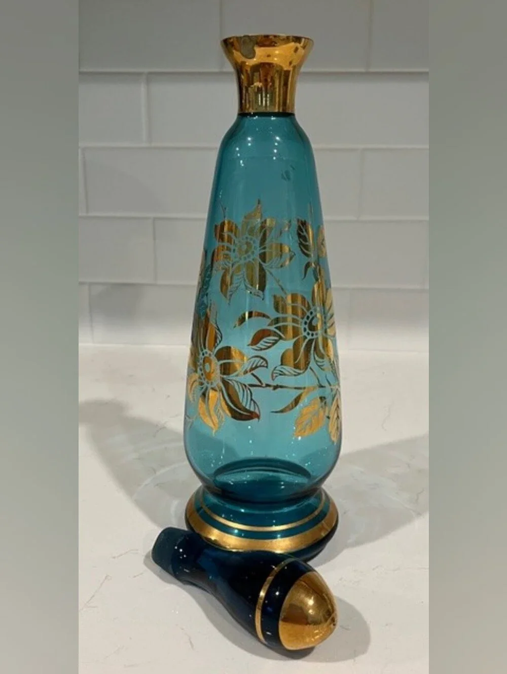 Vintage MCM Bohemian‎ Blue & Gold Gilded Liquor Decanter Set With 6 Glasses